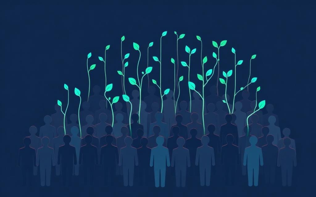 A crowd of people with vibrant green sprouts rising above them — symbolising collective growth, capability and resilience
